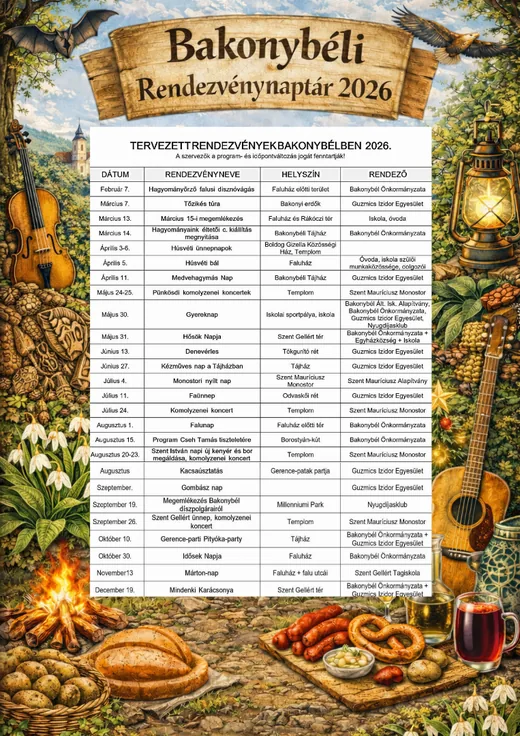 'Tervezett rendezvénynaptár Bakonybél 2026' cikk borítóképe