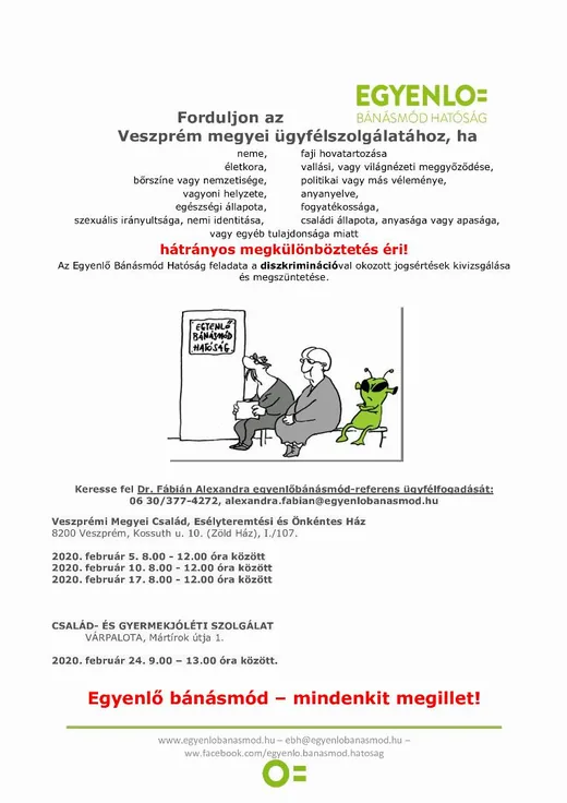 'Egyenlő Bánásmód Hatóság februári ügyfélfogadás' cikk borítóképe