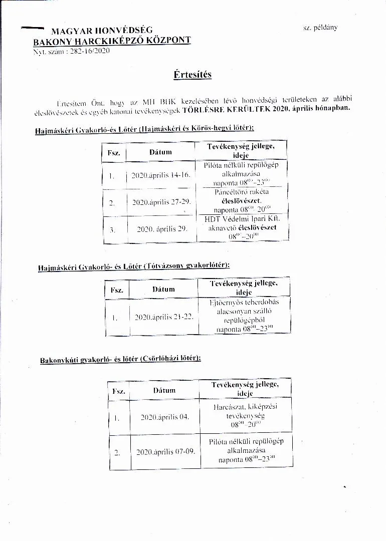  2020. április hónapban törlésre kerülő gyakorlatokat