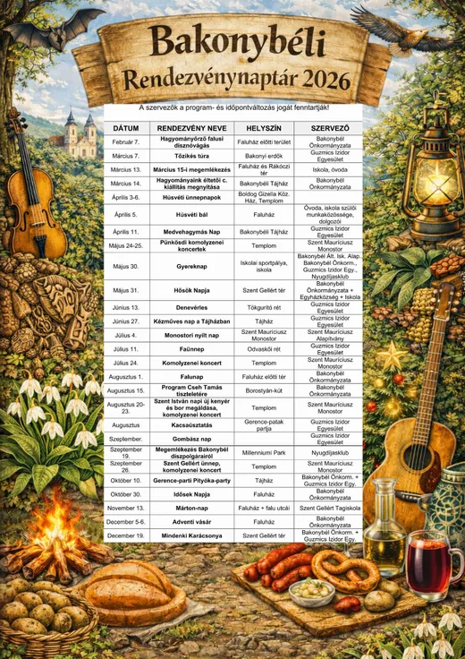 'Tervezett rendezvénynaptár Bakonybél 2026' cikk borítóképe
