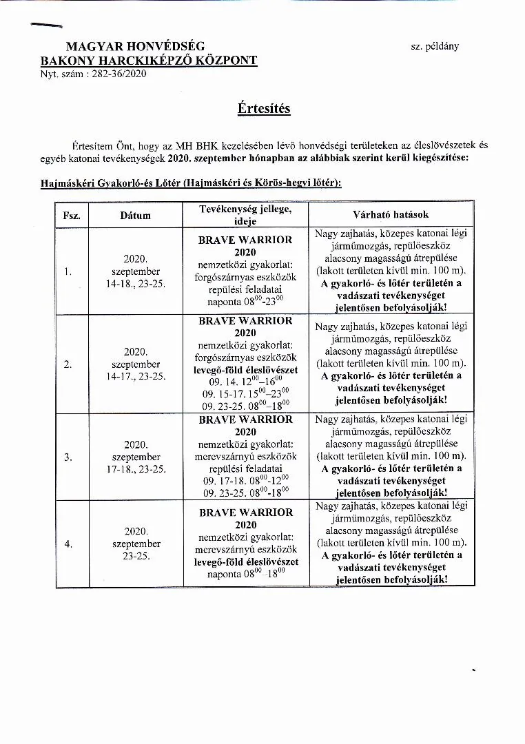  Lőtér értesítőjének kiegészítője